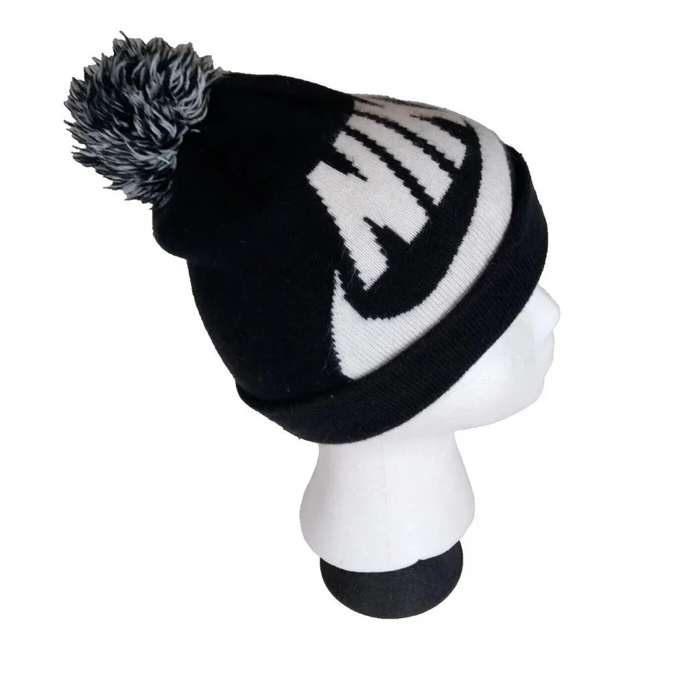 Nike Youth Knit Pom Beanie – Black & White Hat w/ Bold Logo – Sports Cap